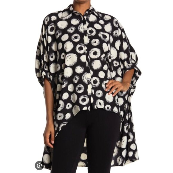P Luca Milano Oversize Dot High Low Hem Blouse Sz. OS Button front Black & White - Picture 4 of 8